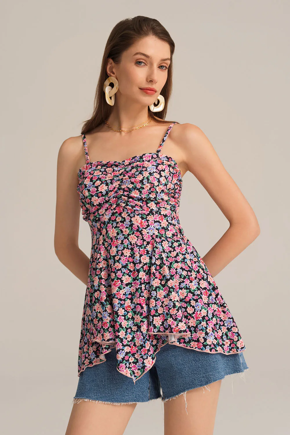 Irregular Hem Spaghetti Straps Ruched Bodice Floral A-Line Tops - Pink sold by Grace Karin product image thumbnail 2