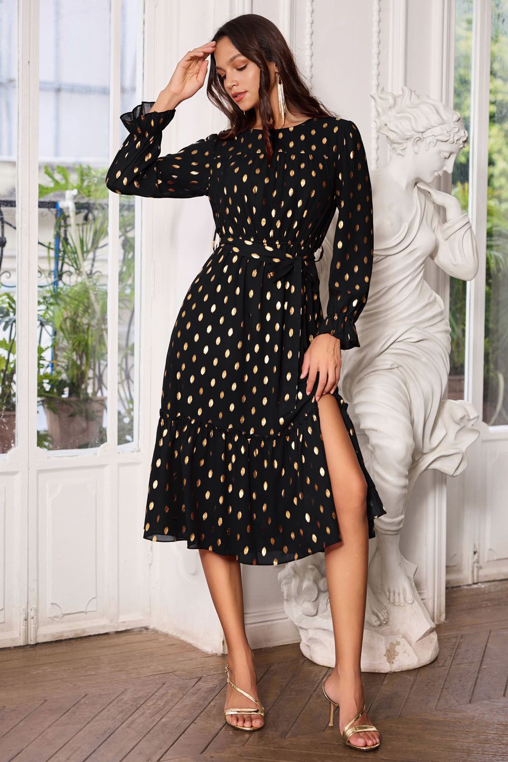 GRACE KARIN Women Front Slit Party Dress Long Sleeve Crew Neck Elastic Waist A-Line Dress sold by Grace Karin product image thumbnail 4