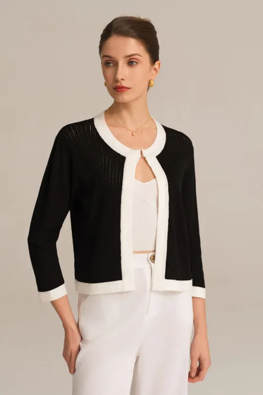 Contrast Color 3/4 Sleeve Crew Neck Knitted Cardigan made by Grace Karin