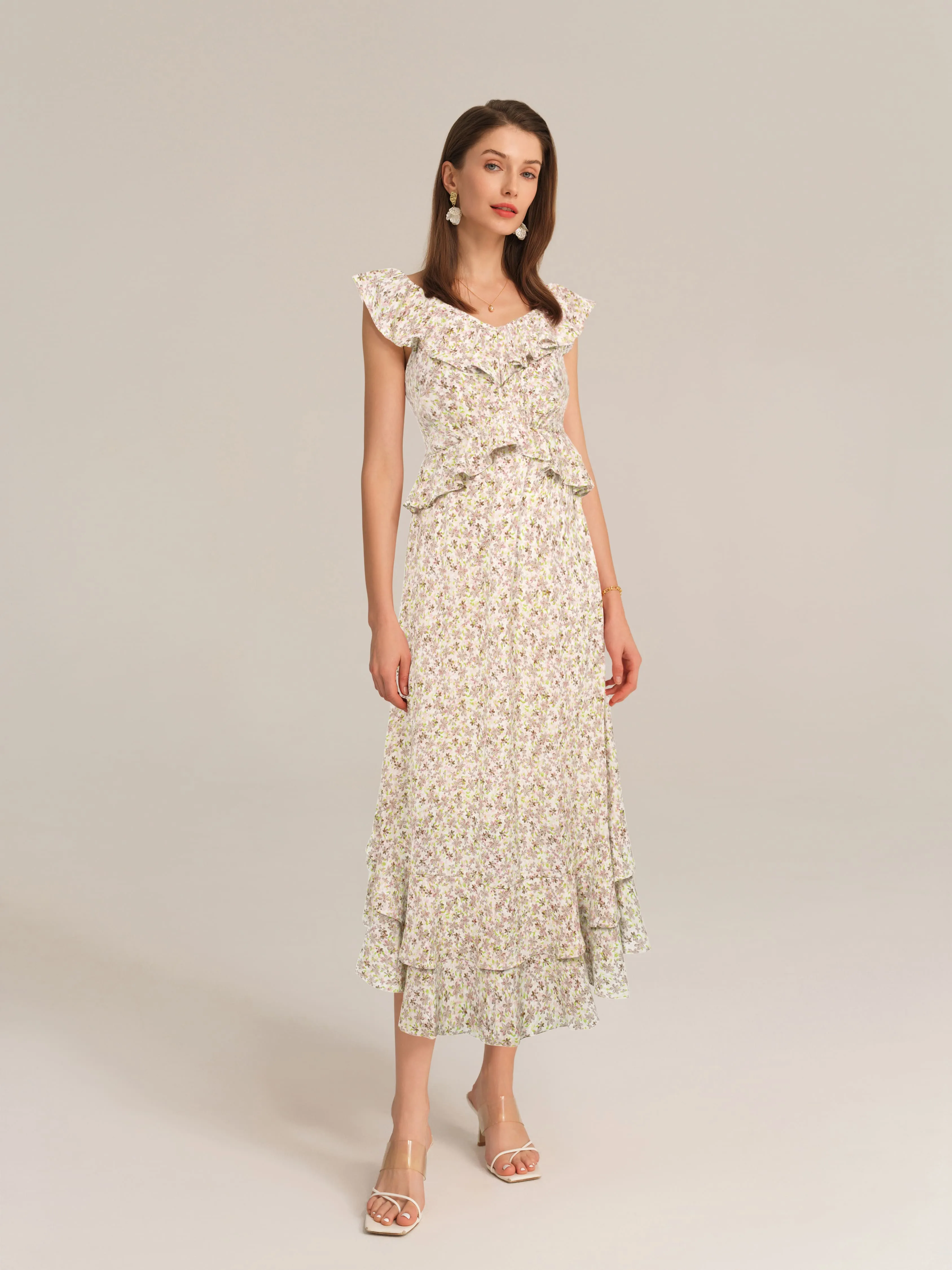 Chiffon V-Neck Sleeveless Ruffle Decorated Floral Maxi Dress - Floral sold by Grace Karin product image thumbnail 2