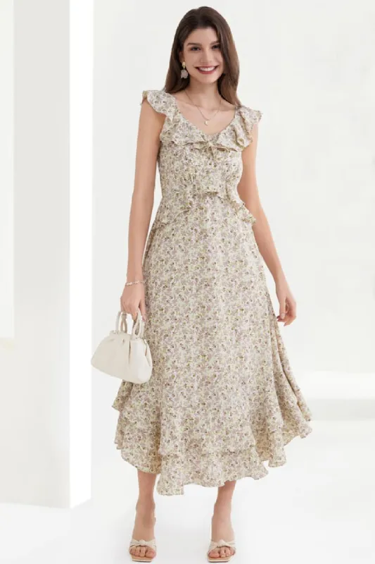 Chiffon V-Neck Sleeveless Ruffle Decorated Floral Maxi Dress - Floral sold by Grace Karin