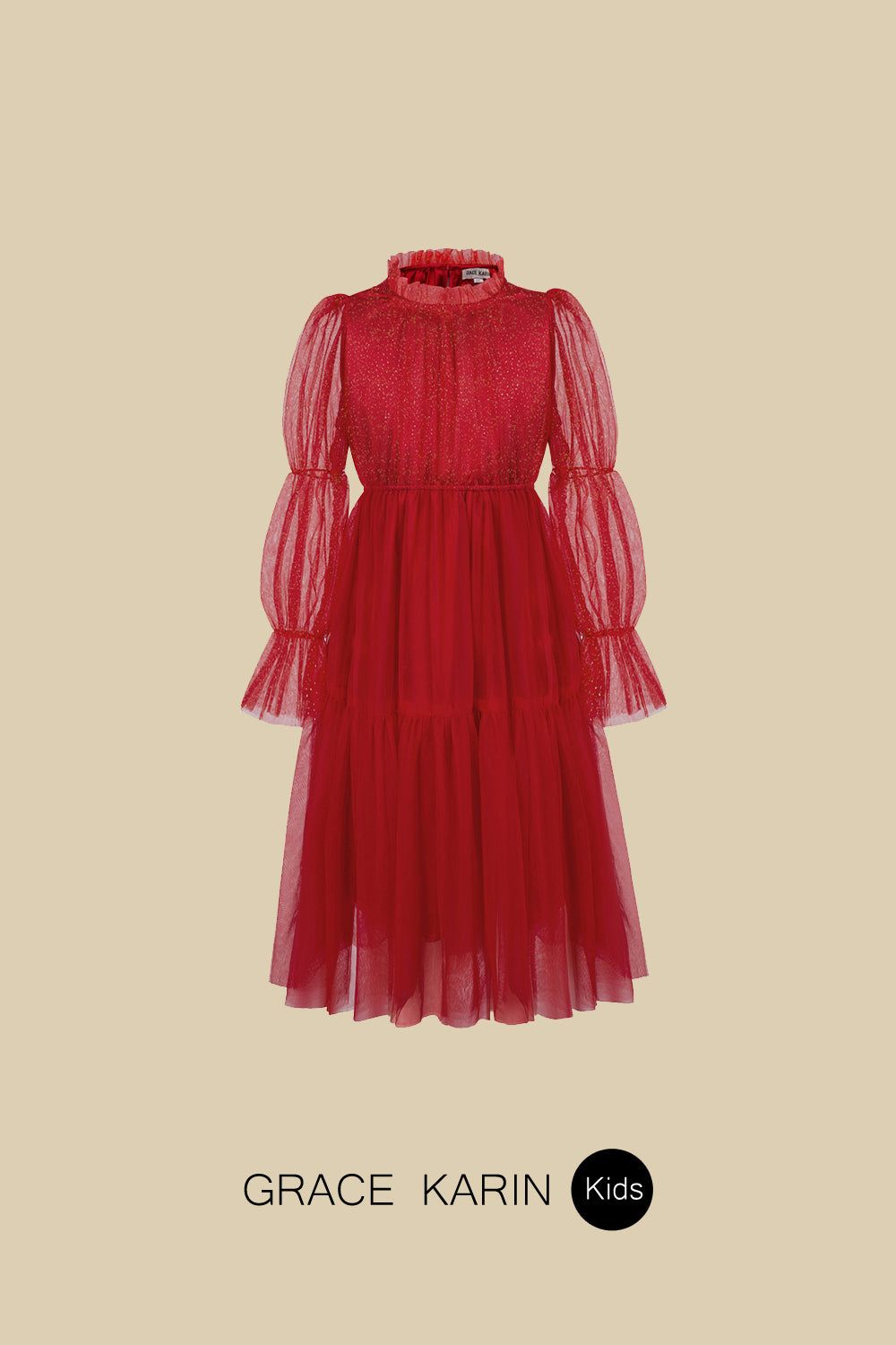 GK Kids Tulle Netting Party Dress Long Virago Sleeves Tiered A-Line Dress sold by Grace Karin product image thumbnail 7