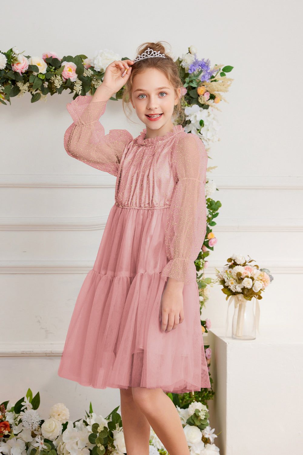 GK Kids Tulle Netting Party Dress Long Virago Sleeves Tiered A-Line Dress sold by Grace Karin product image thumbnail 2