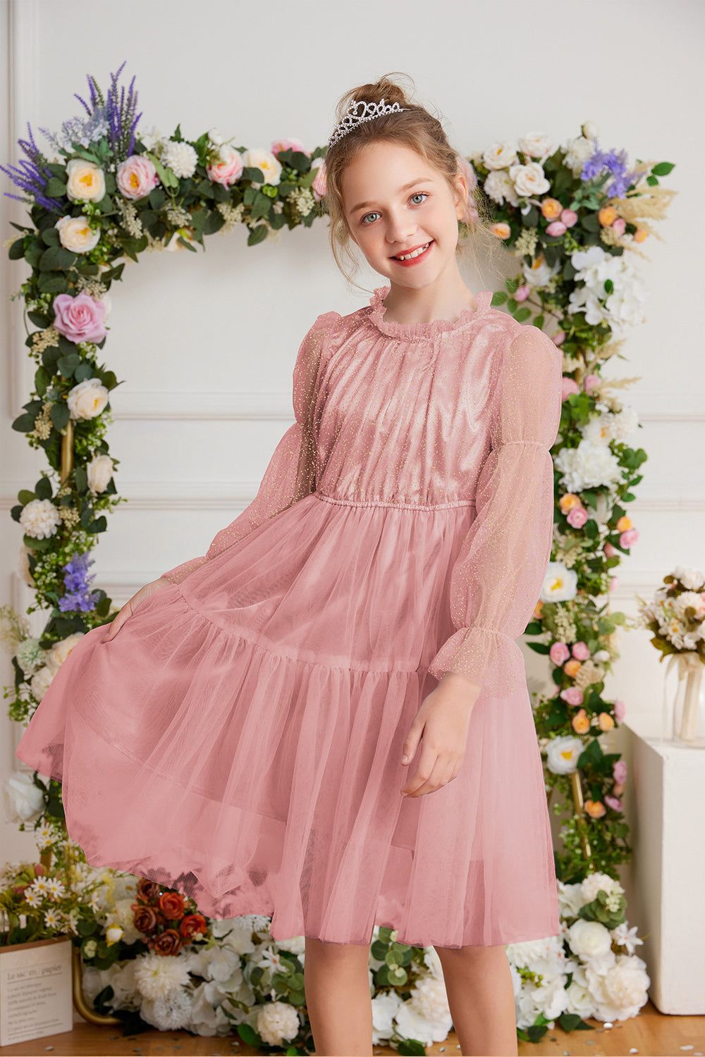 GK Kids Tulle Netting Party Dress Long Virago Sleeves Tiered A-Line Dress sold by Grace Karin product image thumbnail 3