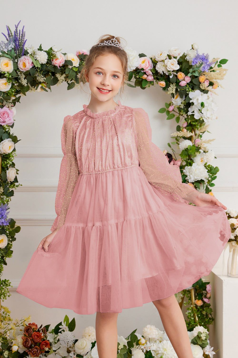 GK Kids Tulle Netting Party Dress Long Virago Sleeves Tiered A-Line Dress sold by Grace Karin
