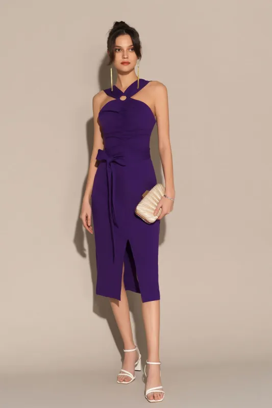 Front Slit Ruched Bodice Halterneck Bodycon Party Dress - Purple sold by Grace Karin