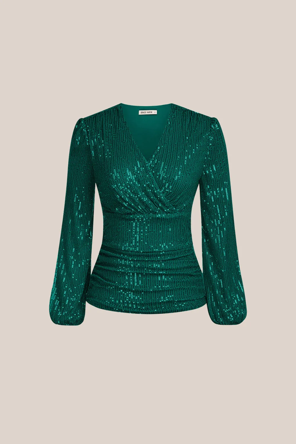 GK Women Sequined Party Tops Long Sleeve Surplice V-Neck Ruched Tops sold by Grace Karin product image thumbnail 4