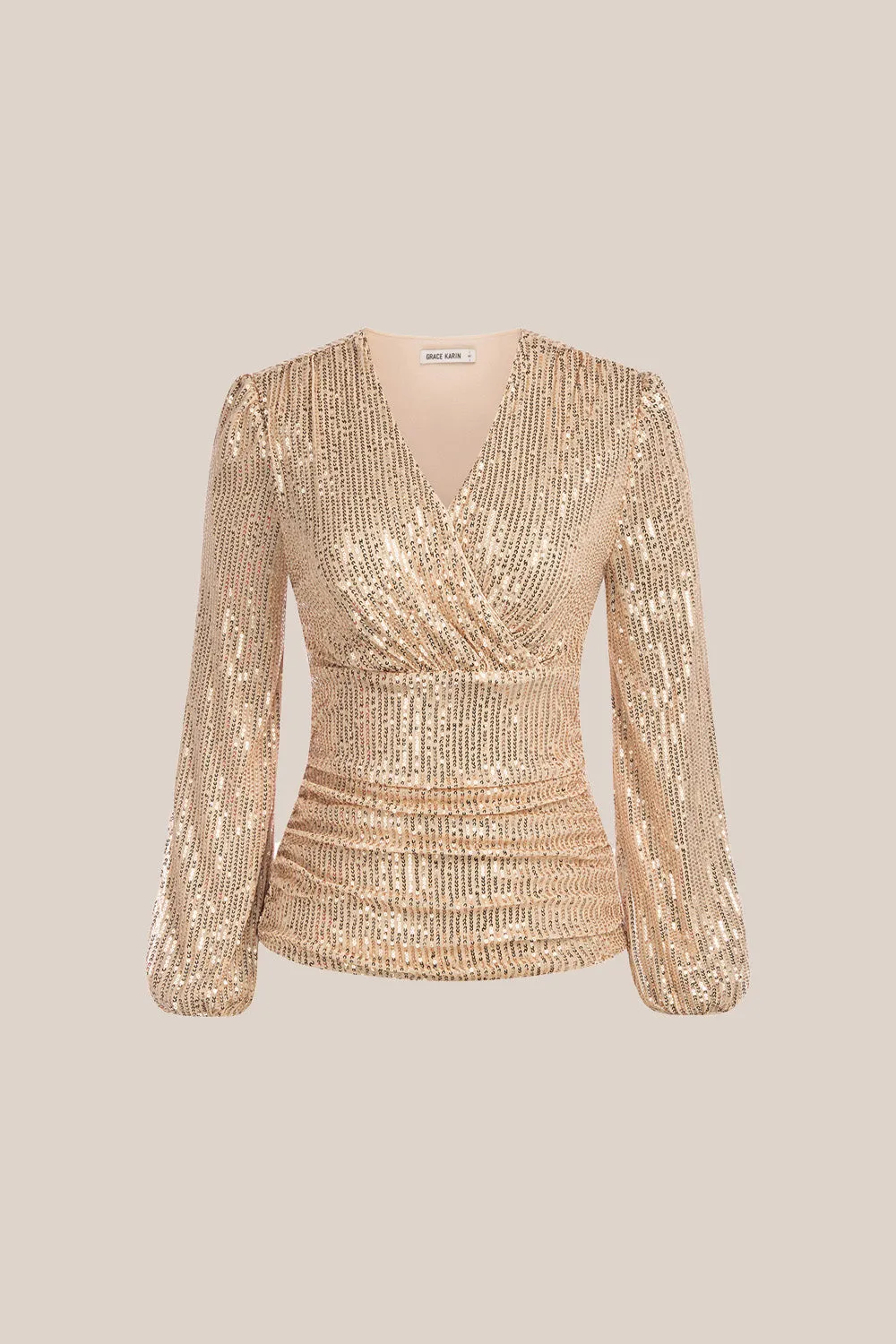 GK Women Sequined Party Tops Long Sleeve Surplice V-Neck Ruched Tops sold by Grace Karin product image thumbnail 3