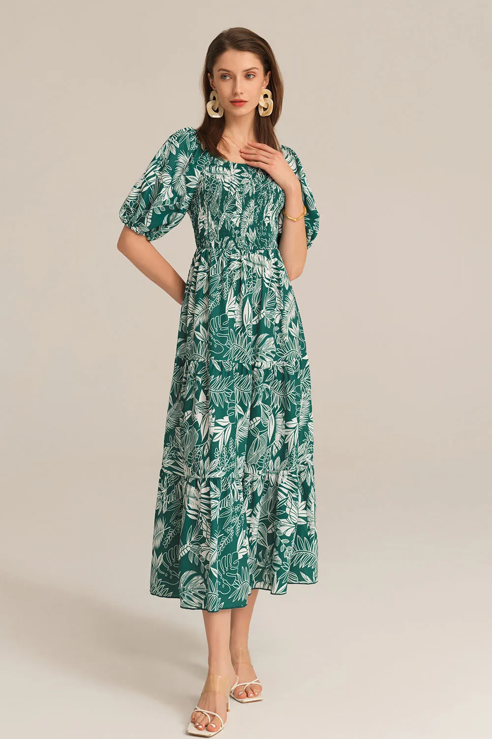 Tiered Short Sleeve U-Neck Smocked Bodice Maxi Dress - Dark Green sold by Grace Karin product image thumbnail 4