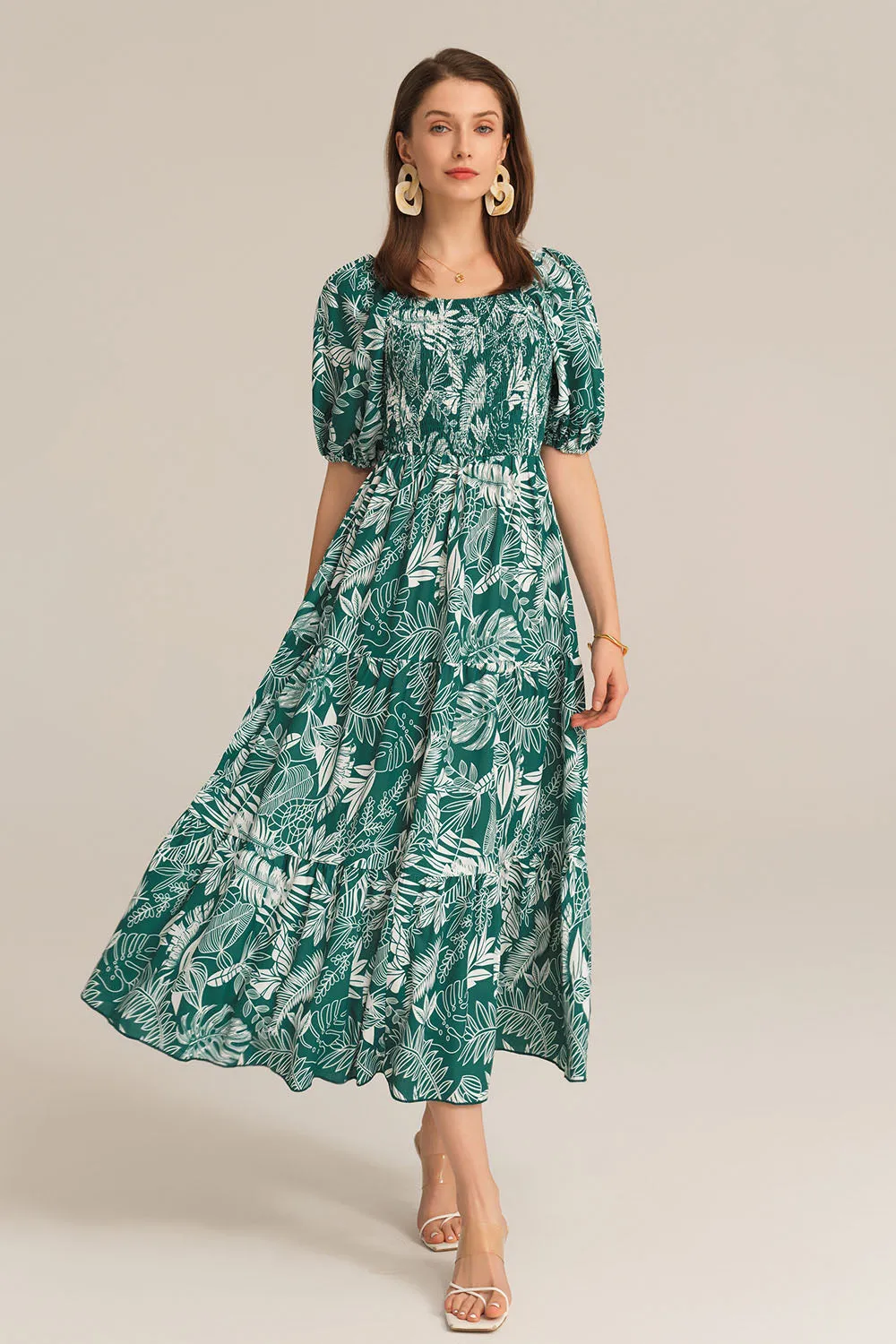 Tiered Short Sleeve U-Neck Smocked Bodice Maxi Dress - Dark Green sold by Grace Karin