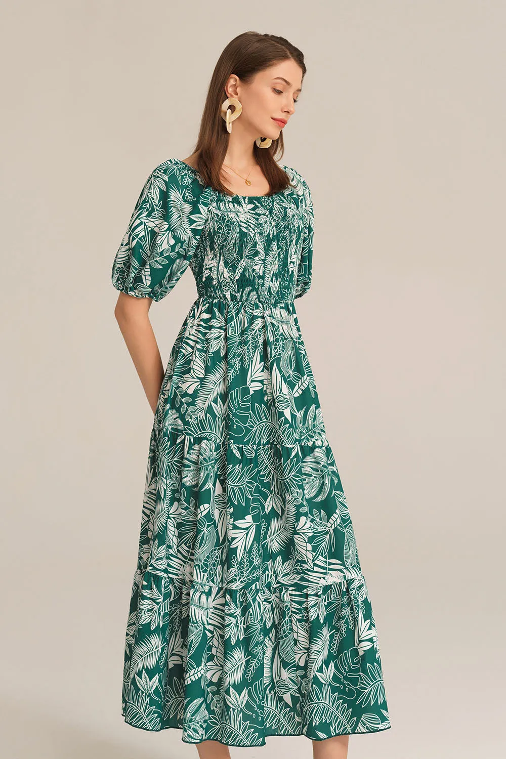 Tiered Short Sleeve U-Neck Smocked Bodice Maxi Dress - Dark Green sold by Grace Karin product image thumbnail 5