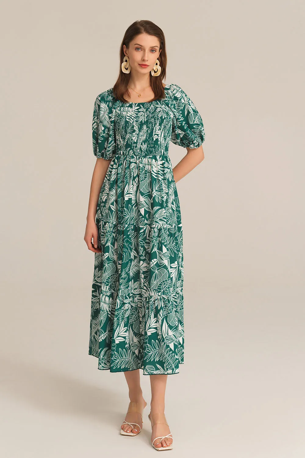 Tiered Short Sleeve U-Neck Smocked Bodice Maxi Dress - Dark Green sold by Grace Karin product image thumbnail 3