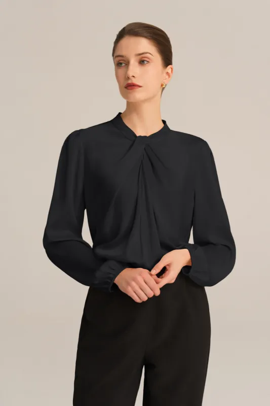 Knotted Neck Comfy Long Sleeve Keyhole Back Blouse - Black sold by Grace Karin
