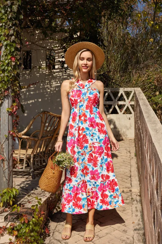 Halter Neck Sleeveless Floral Print Long Maxi Dress - Red sold by Grace Karin