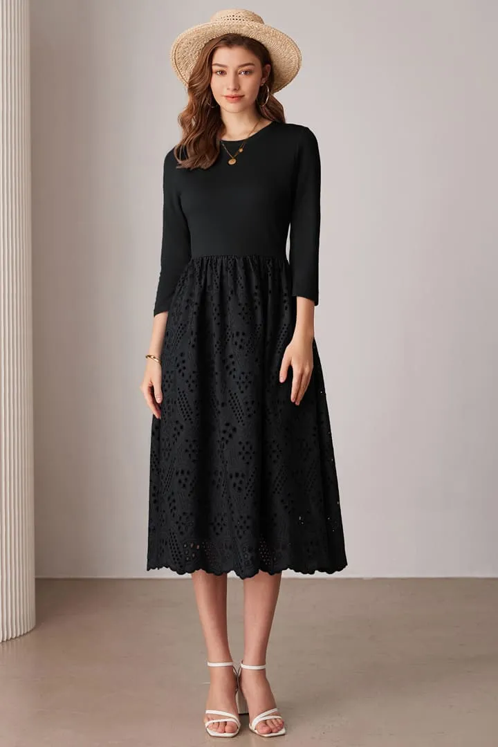 Casual Eyelet Empire Waist 3/4 Sleeve Midi Dress sold by Grace Karin product image thumbnail 4