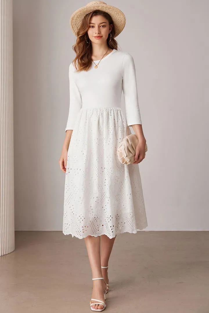 Casual Eyelet Empire Waist 3/4 Sleeve Midi Dress sold by Grace Karin