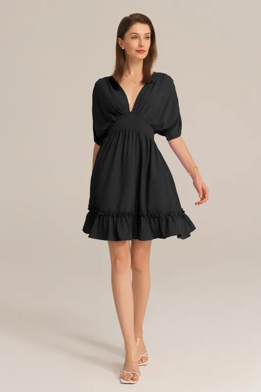 Plunging V-Neck Short Batwing Sleeve Flared A-Line Dress - Black sold by Grace Karin