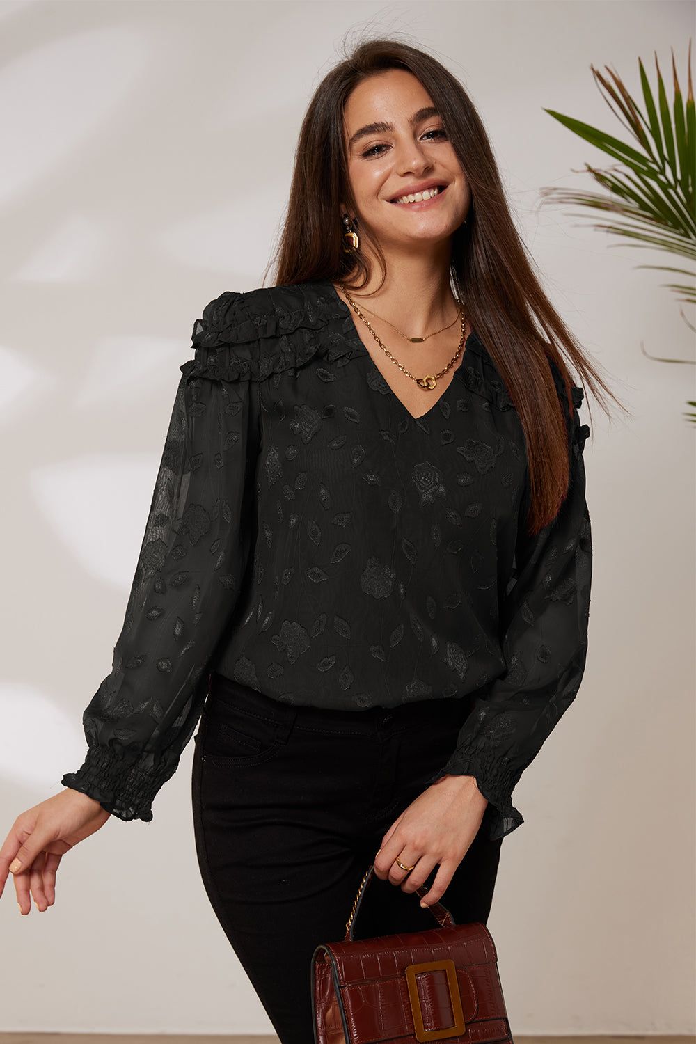 GK Women Ruffle Decorated Blouse Casual Long Sleeve V-Neck Pullover Tops sold by Grace Karin product image thumbnail 6