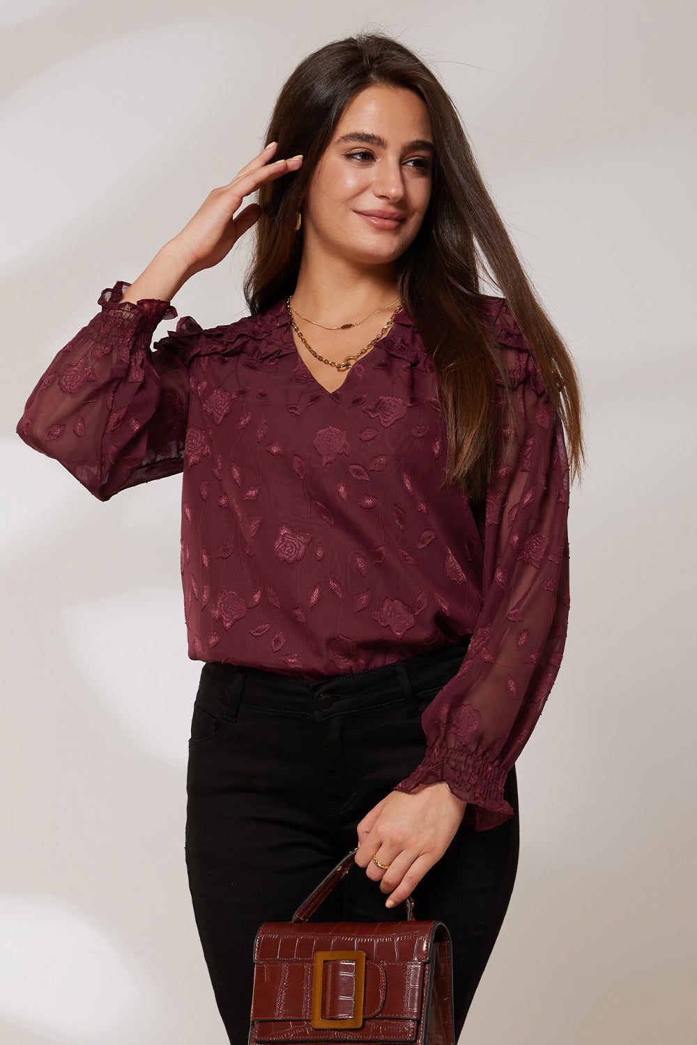 GK Women Ruffle Decorated Blouse Casual Long Sleeve V-Neck Pullover Tops sold by Grace Karin product image thumbnail 3