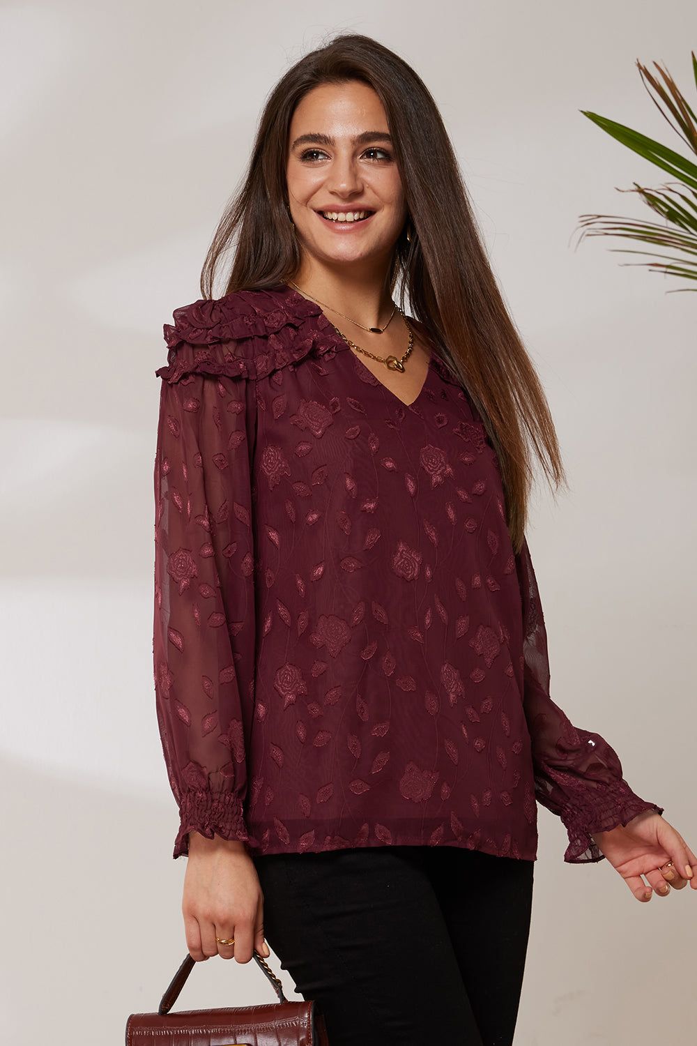 GK Women Ruffle Decorated Blouse Casual Long Sleeve V-Neck Pullover Tops sold by Grace Karin product image thumbnail 2