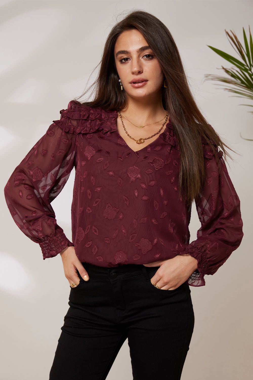 GK Women Ruffle Decorated Blouse Casual Long Sleeve V-Neck Pullover Tops sold by Grace Karin