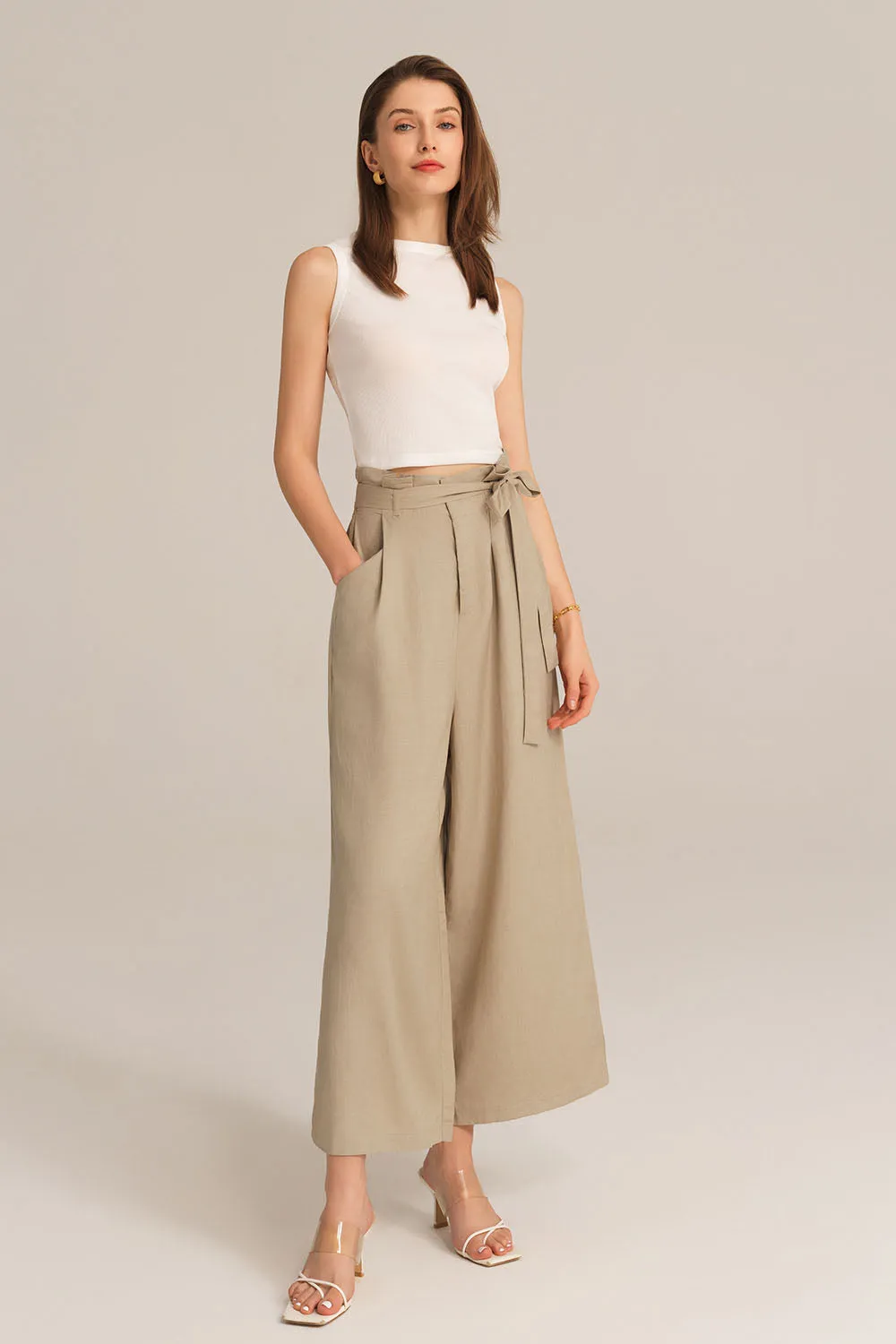 Casual Elastic Waist Wide Leg Ankle Palazzo Capri Pants - Apricot sold by Grace Karin
