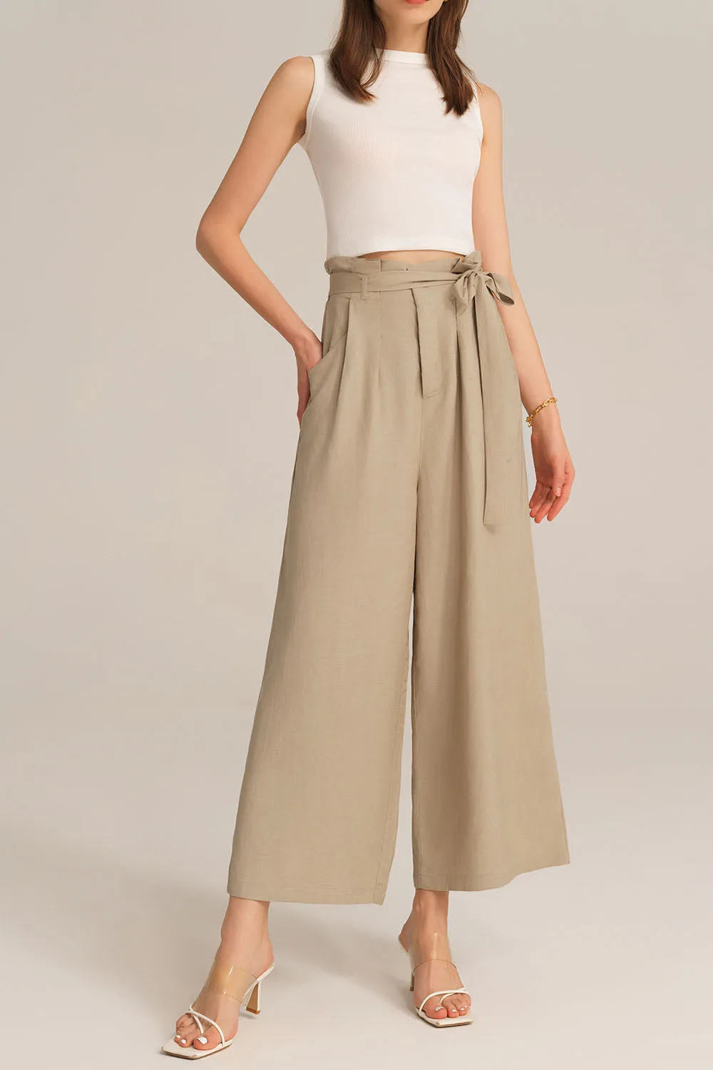 Casual Elastic Waist Wide Leg Ankle Palazzo Capri Pants - Apricot sold by Grace Karin product image thumbnail 3