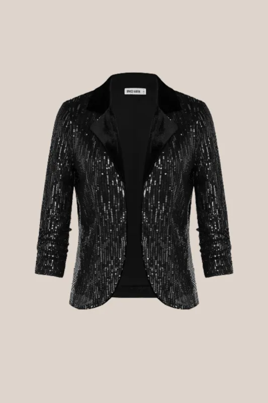 Women Sequined Party Blazer Coat 3/4 Sleeve Lapel Collar Open Front Coat sold by Grace Karin