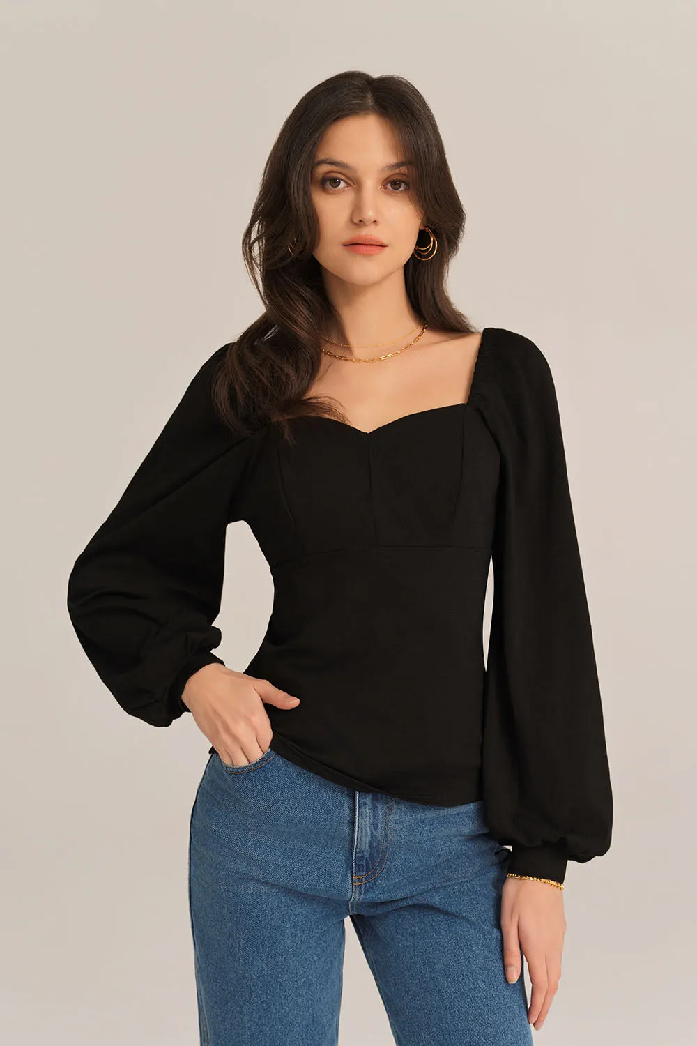 Lantern Sleeves V-Neck Stretchy Cotton Blouse sold by Grace Karin