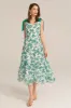 V-Neck Sleeveless Elastic Waist Tiered Flared Floral Midi Dress - Green sold by Grace Karin