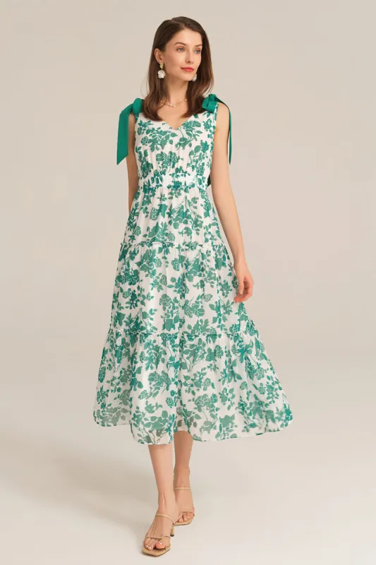 V-Neck Sleeveless Elastic Waist Tiered Flared Floral Midi Dress - Green sold by Grace Karin