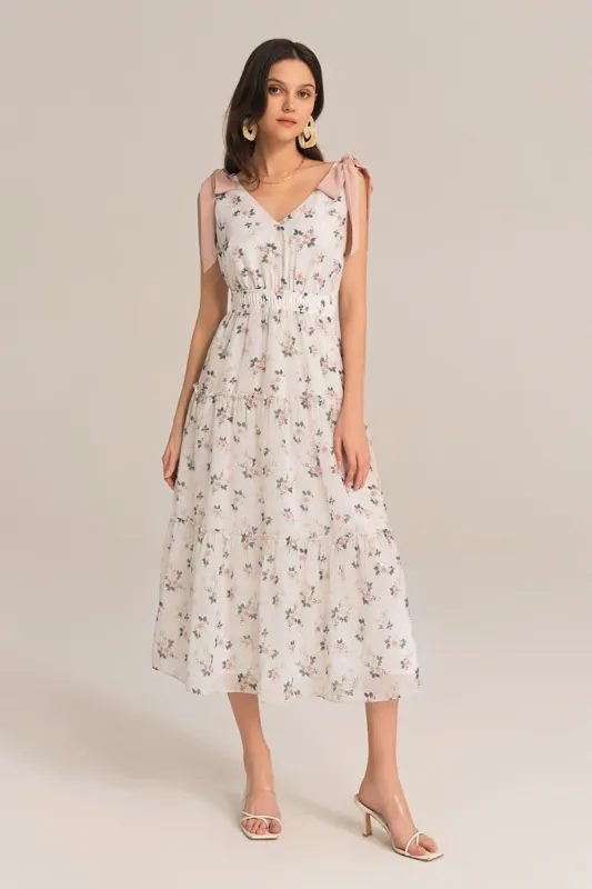 V-Neck Sleeveless Elastic Waist Tiered Flared Floral Midi Dress - Pink sold by Grace Karin
