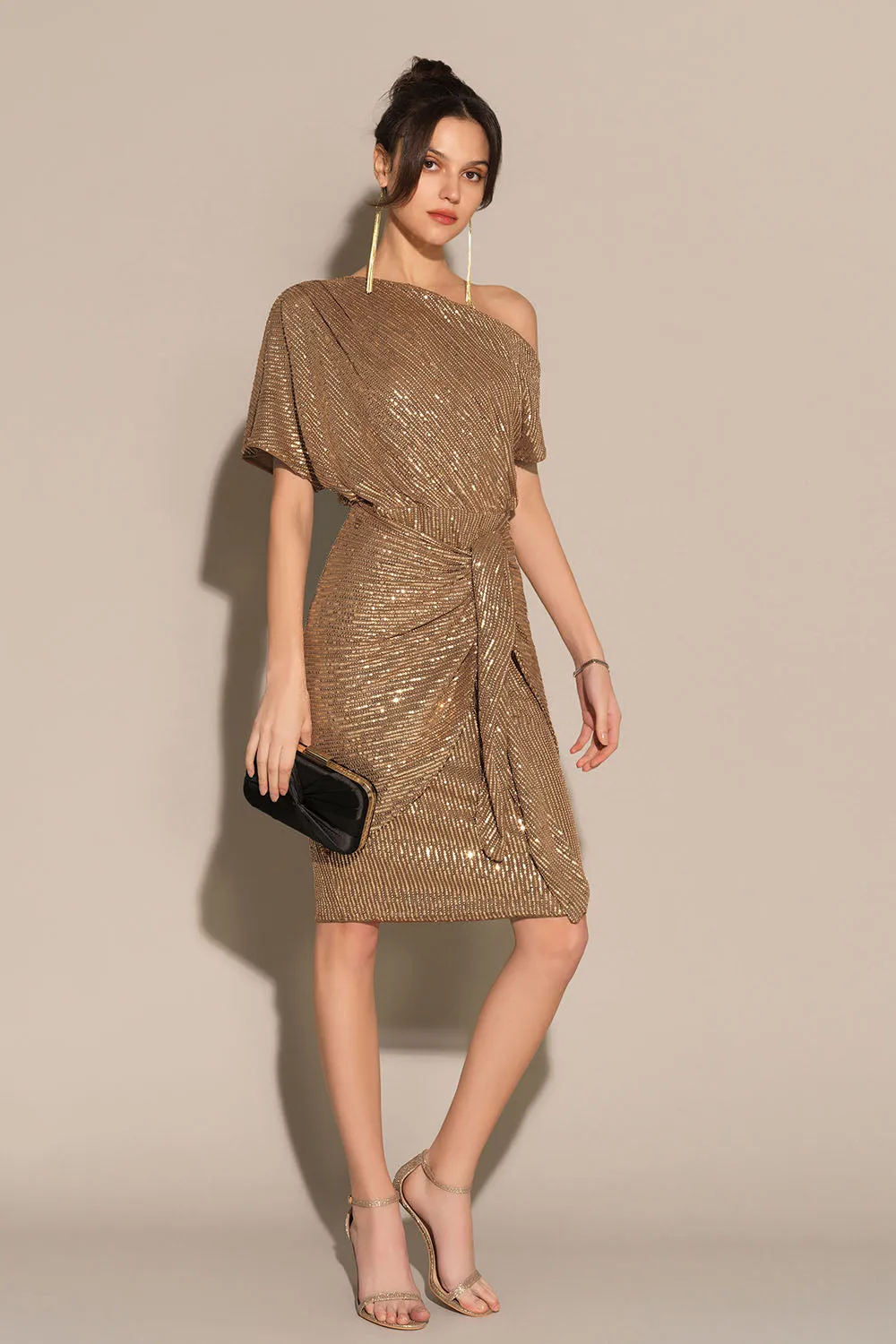 Sequined Asymmetric Off Shoulder Bodycon Party Midi Dress - Brown sold by Grace Karin product image thumbnail 2