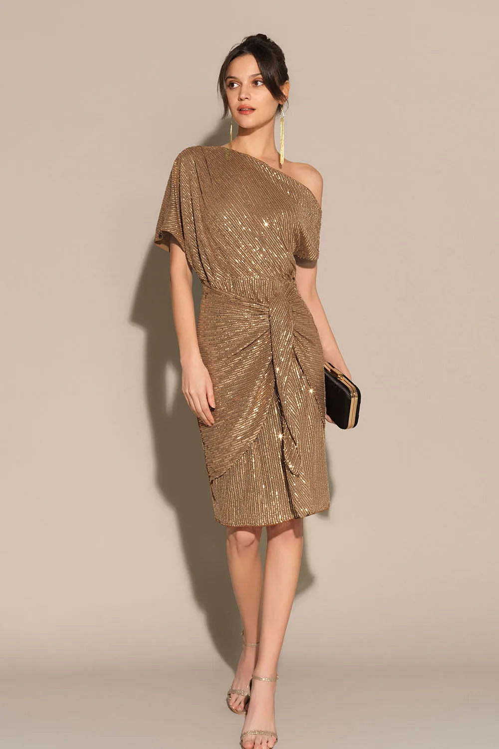 Sequined Asymmetric Off Shoulder Bodycon Party Midi Dress - Brown sold by Grace Karin