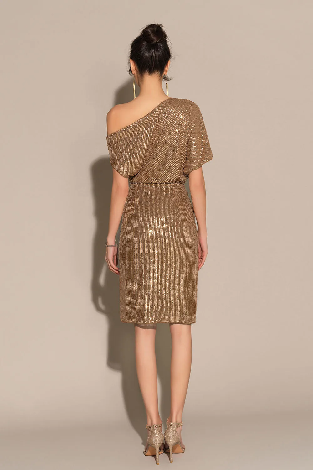 Sequined Asymmetric Off Shoulder Bodycon Party Midi Dress - Brown sold by Grace Karin product image thumbnail 5