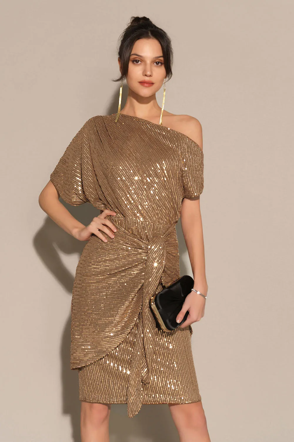 Sequined Asymmetric Off Shoulder Bodycon Party Midi Dress - Brown sold by Grace Karin product image thumbnail 3