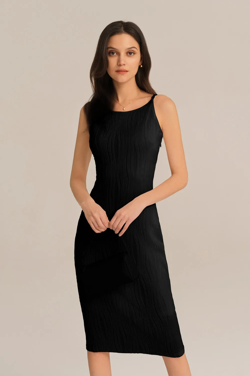 Textured Spaghetti Straps Crew Neck Bodycon Party Dress - Black sold by Grace Karin product image thumbnail 2