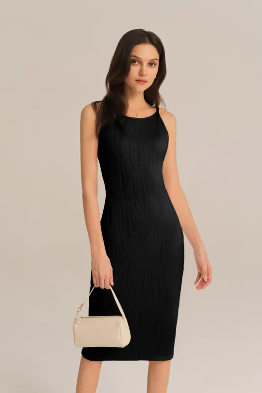 Textured Spaghetti Straps Crew Neck Bodycon Party Dress - Black sold by Grace Karin