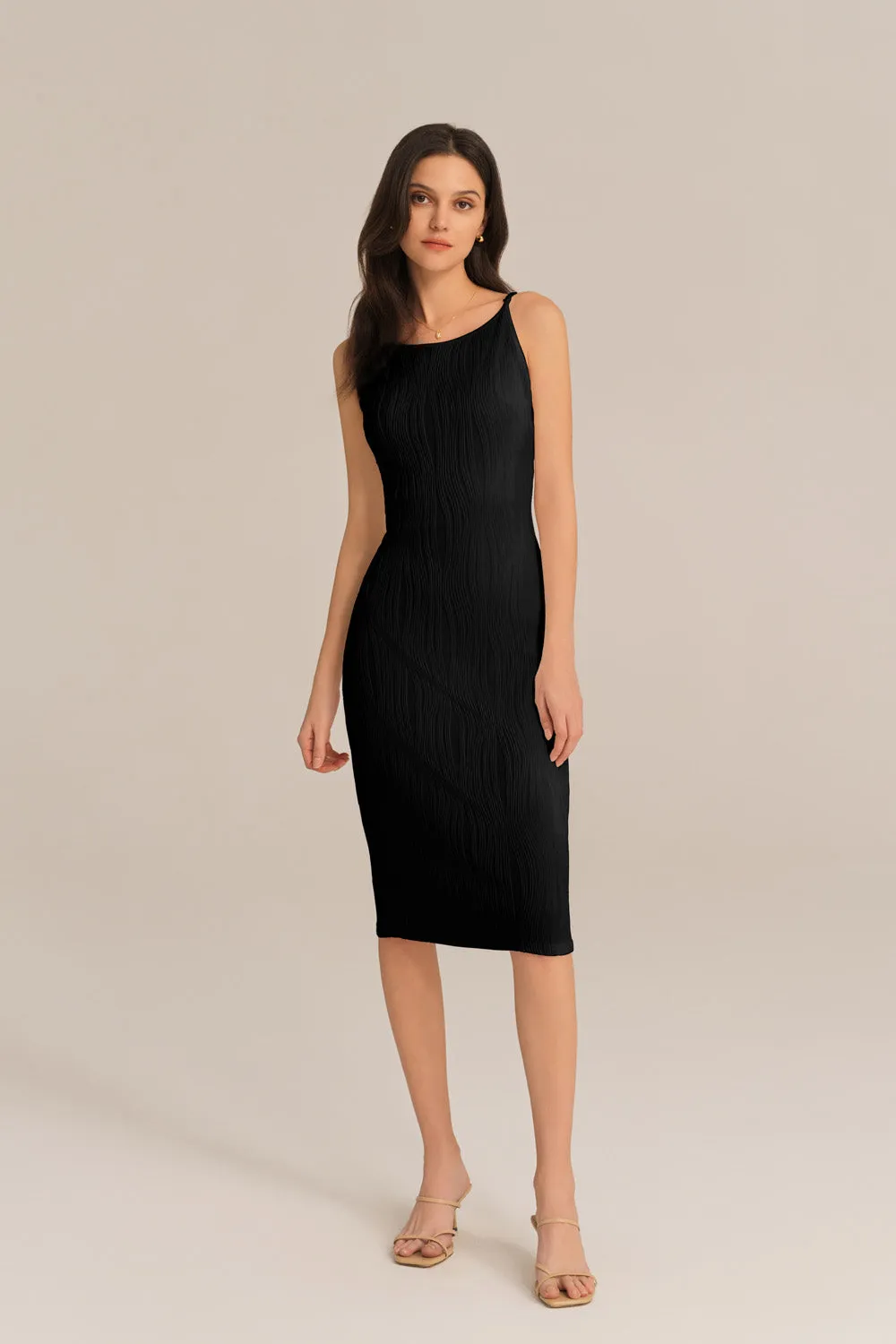 Textured Spaghetti Straps Crew Neck Bodycon Party Dress - Black sold by Grace Karin product image thumbnail 4