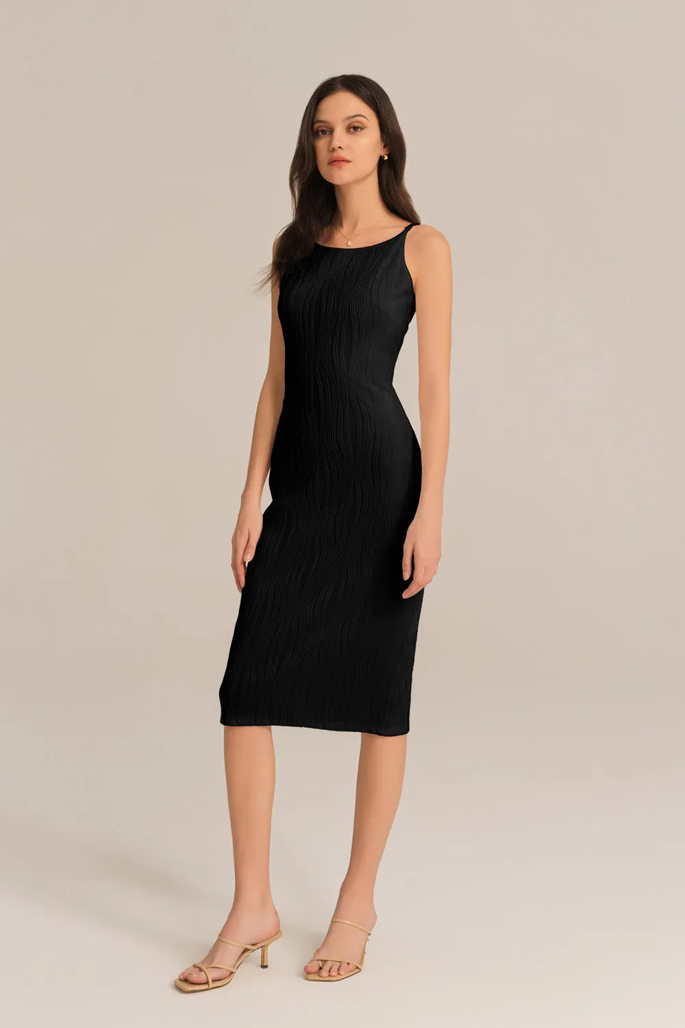 Textured Spaghetti Straps Crew Neck Bodycon Party Dress - Black sold by Grace Karin product image thumbnail 3