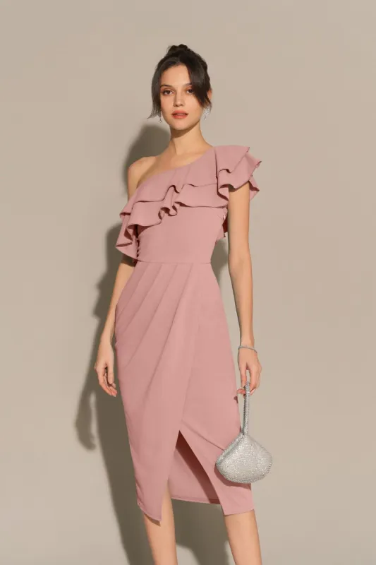 Wrap Hem Ruched One-Shoulder Oblique Neck Bodycon Party Dress - Pink sold by Grace Karin