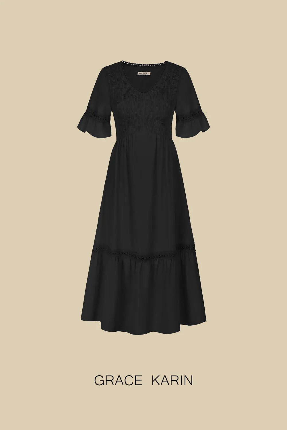 GRACE KARIN Smocked Bodice Dress Casual Short Bell Sleeve V-Neck A-Line Dress sold by Grace Karin product image thumbnail 3