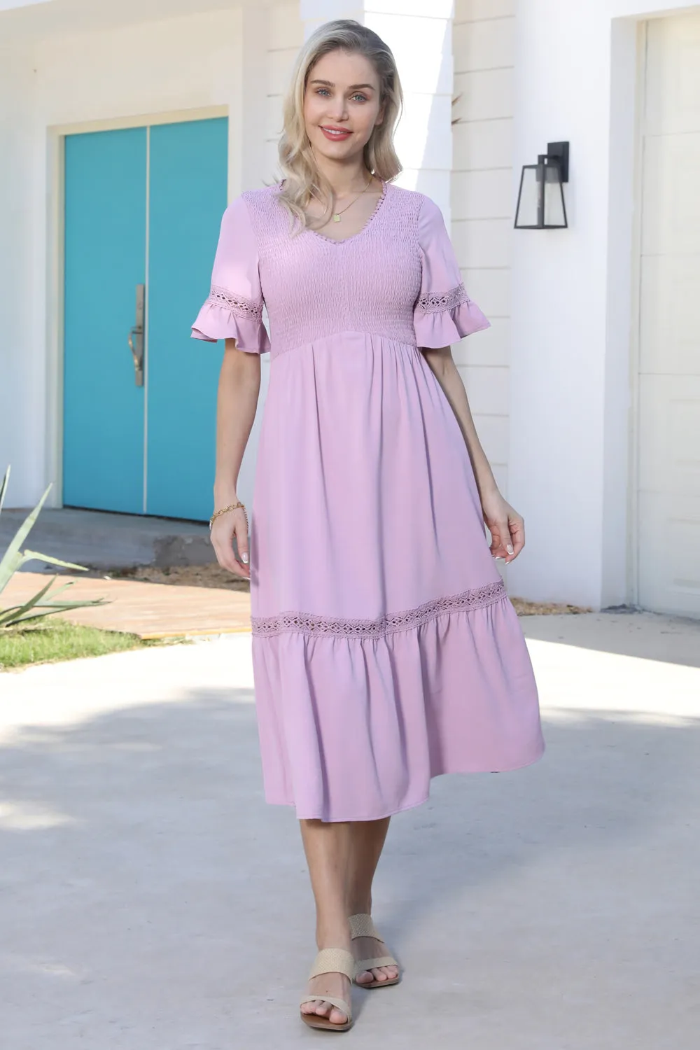 GRACE KARIN Smocked Bodice Dress Casual Short Bell Sleeve V-Neck A-Line Dress sold by Grace Karin