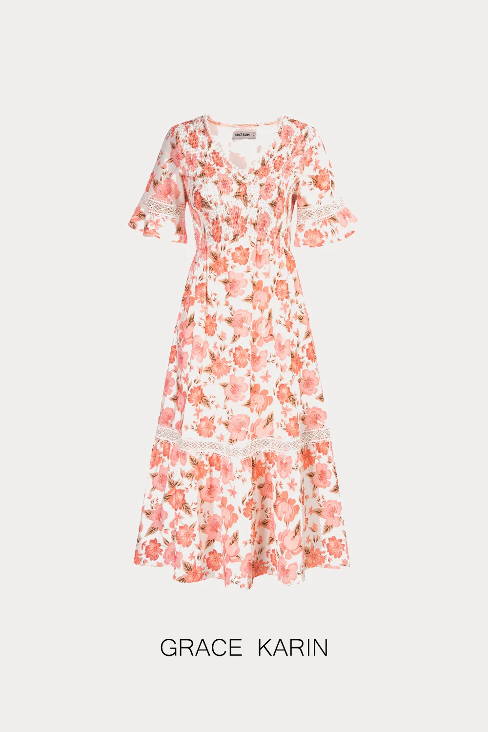 GRACE KARIN Smocked Bodice Dress Casual Short Bell Sleeve V-Neck A-Line Dress sold by Grace Karin product image thumbnail 4