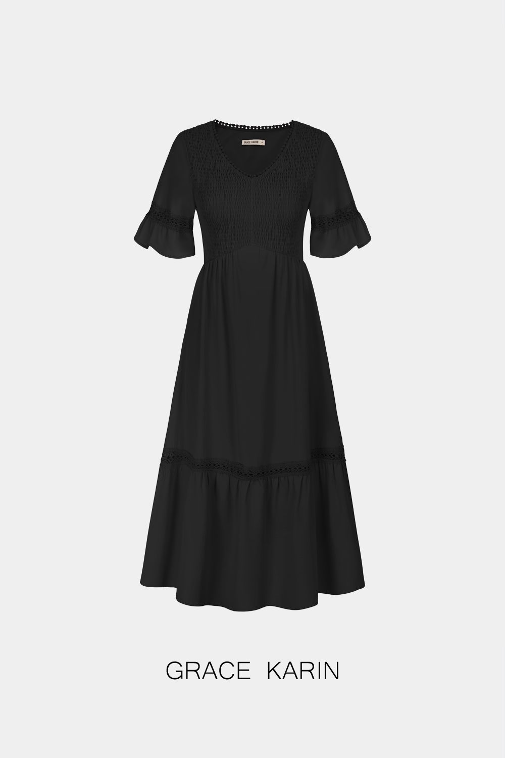 GRACE KARIN Smocked Bodice Dress Casual Short Bell Sleeve V-Neck A-Line Dress sold by Grace Karin product image thumbnail 4