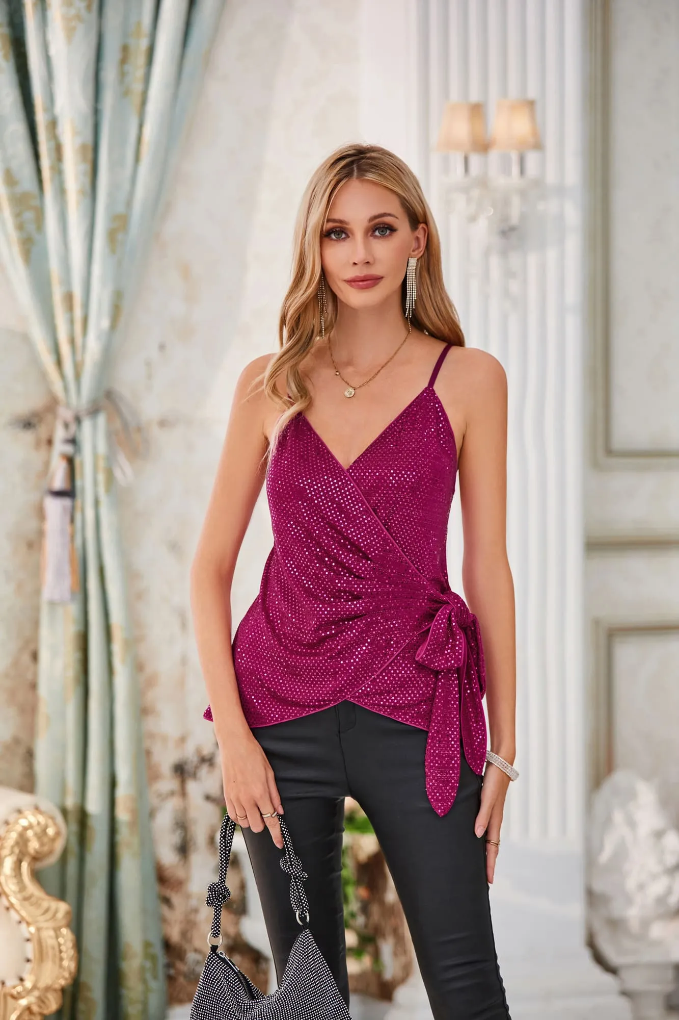 GK Women Sequined Party Tops Spaghetti Strap V-Neck Wrap Hem Camisole sold by Grace Karin