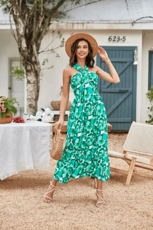 Halter Neck Sleeveless Floral Print Long Maxi Dress - Green sold by Grace Karin