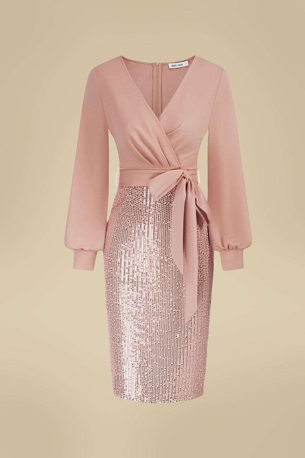 GK Women Sequin Patchwork Dress Long Sleeve V-Neck Defined Waist Bodycon Dress sold by Grace Karin