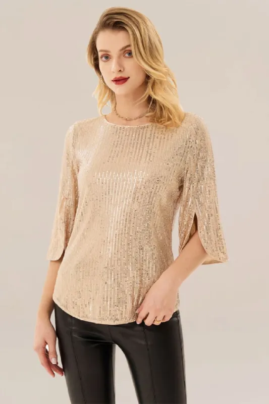 GK Women Sequined Party Tops 3/4 Slit Sleeve Crew Neck Curved Hem Tops sold by Grace Karin