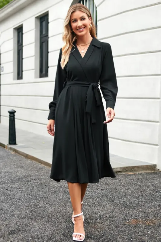 Lapel Collar Pleated Long Sleeve V-Neck Flared A-Line Dress - Black sold by Grace Karin